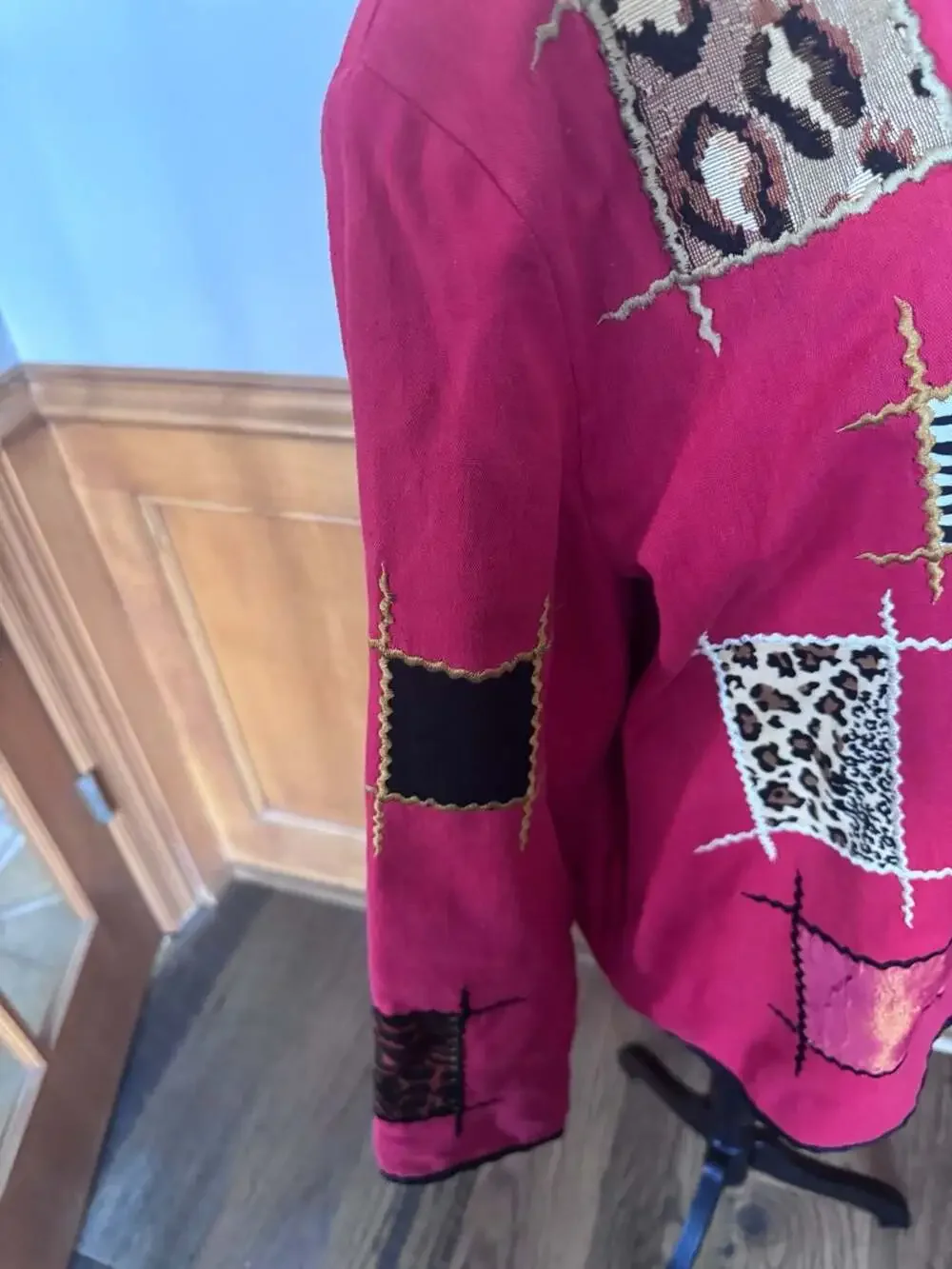Allure Vintage Art to Wear Red Embroidered Animal Patchwork Jacket